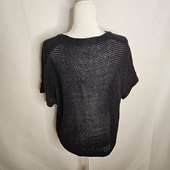 Chico's Size Medium (1) Round Neck Short Sleeve Deep Navy Open Knit Sweater - Picture 4 of 9